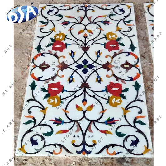 Pure White Makrana Marble Inlaid Table Top Super Design Beautiful Floral Art Flower Design Table Tops