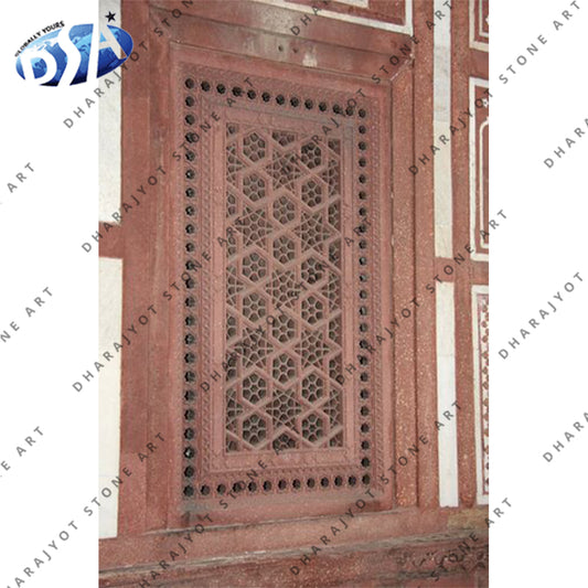 Red Stone Carved Grill Window Jali