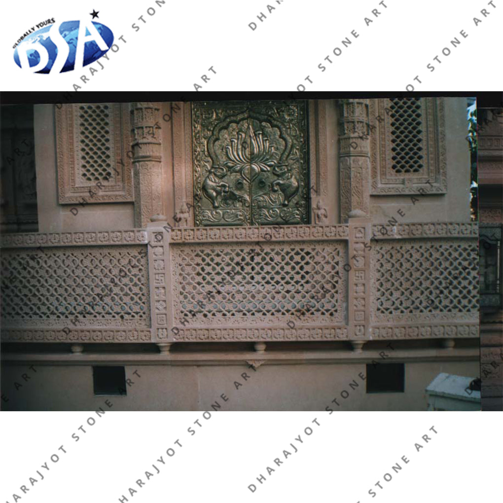 Antique Hand Curved Red Marble Design Mandir Jali