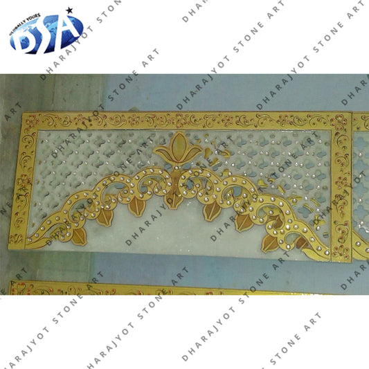 White And Gold Natural Stone Carving Jali Screen