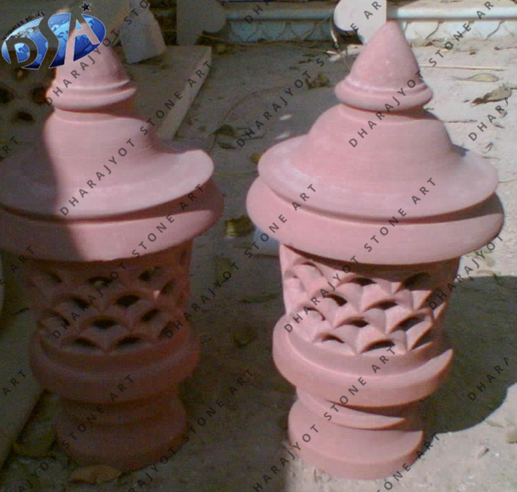 Red Stone Hand Carved Garden Lamp