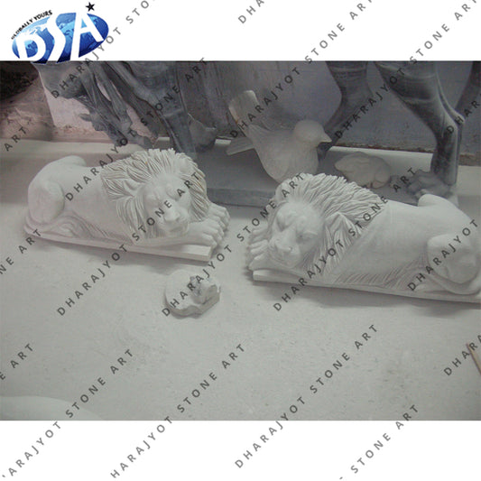 Outdoor Door Decor White Marble Sleeping Lion Statue