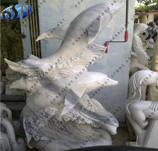White Marble Leaping Dolphins Statue Modern Art