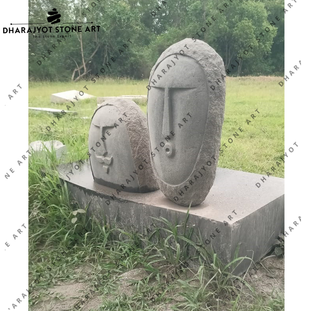 Hand-Carved Stone Face Sculptures Set