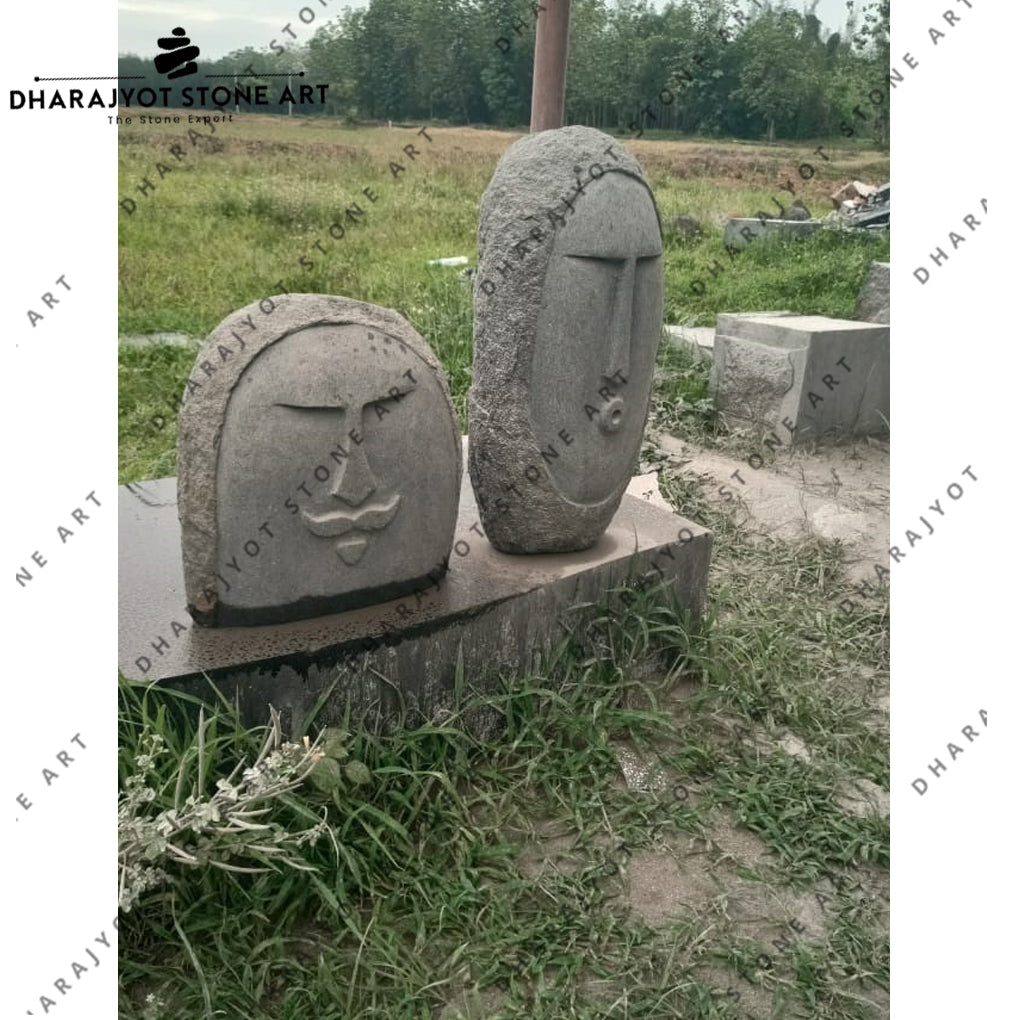Hand-Carved Stone Face Sculptures Set