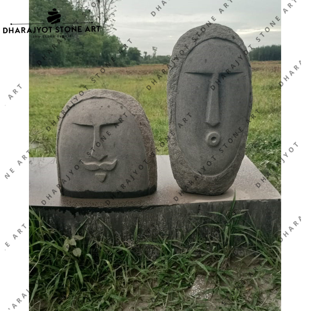 Hand-Carved Stone Face Sculptures Set