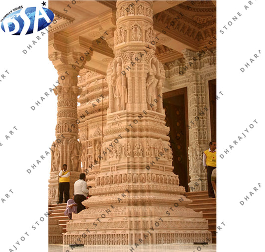 Yellow Sandstone Temple Carving Work Pillar