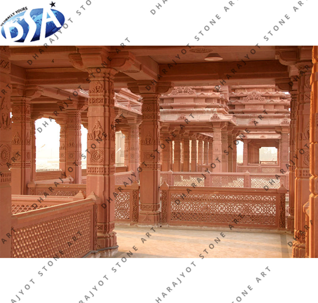 Indian Temple Interior Red Marble Stone Column Pillar