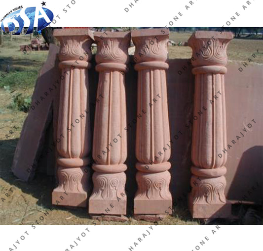 Red Sandstone Hand Carving Pillar