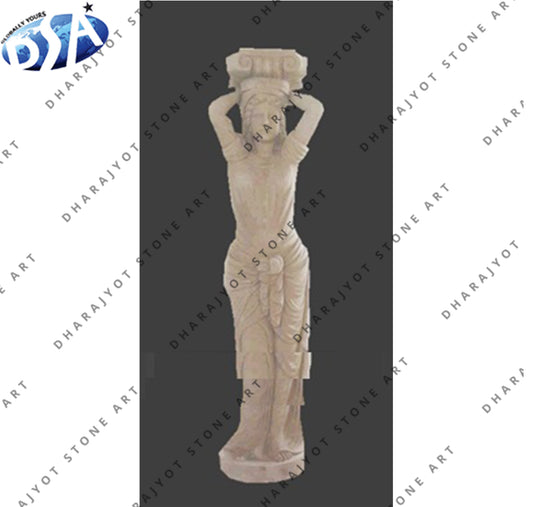 Standing Lady Carved Sandstone Marble Pillar