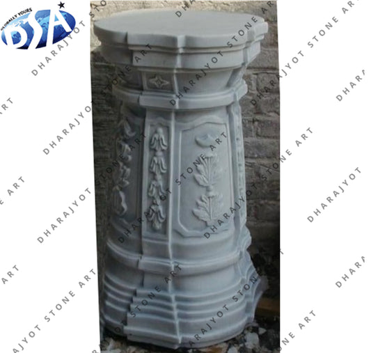 Polished White Marble Hand Carved Pedestal Pillar