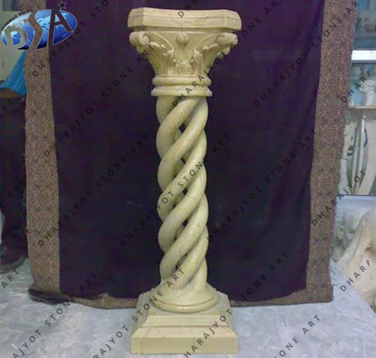 Hand Carved Round Yellow Sandstone Pedestal Garden Pillar
