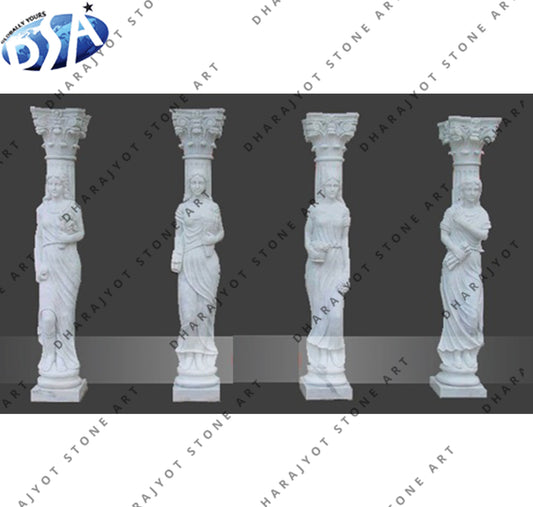 White Marble Standing Lady Hand Carved Pillar