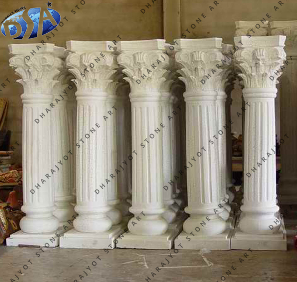 White Marble Hand Carved Stone Pillar