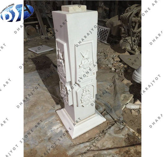 Pure White Marble Hand Carved Pedestal Pillar
