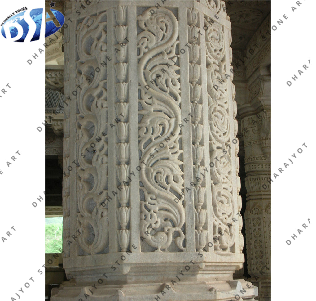 Polished Hand Carving White Marble Mandir Column Pillar