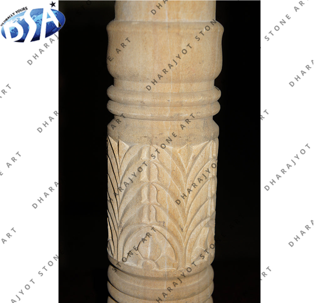 Brown Round Sandstone Hand Carved Pedestal Pillar