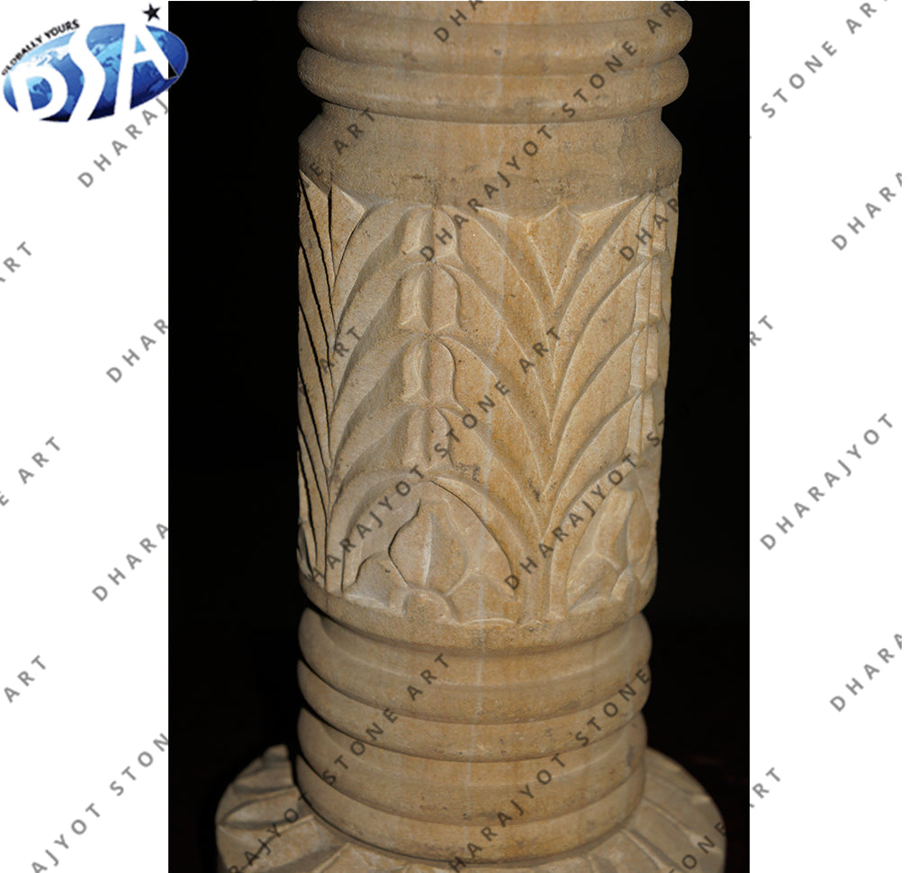Brown Round Sandstone Hand Carved Pedestal Pillar