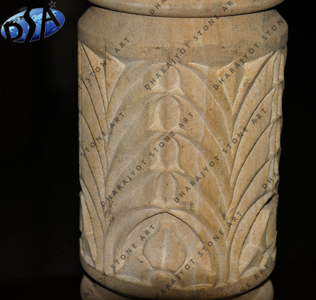 Brown Round Sandstone Hand Carved Pedestal Pillar