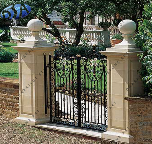 Outdoor Gate Hand Carved Yellow Mable Pillar