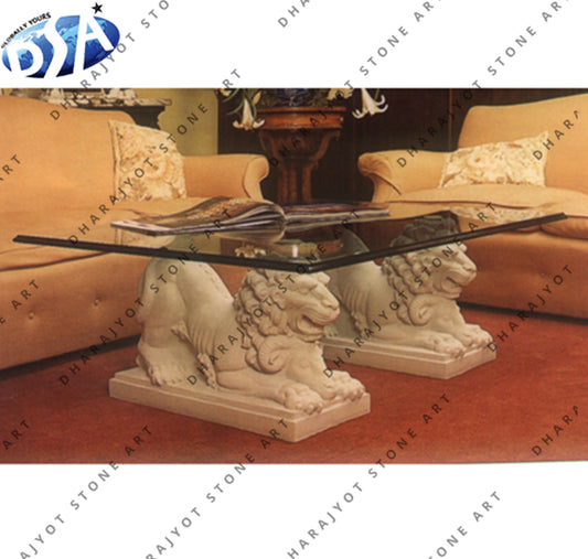 Hand Carved White Marble Lion Statue Table Top