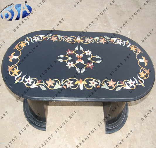 Polish Black Rectangular Marble Inlay Table Top