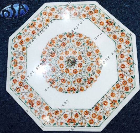 Home Decorative White Marble Coffee Inlay Work Table Top