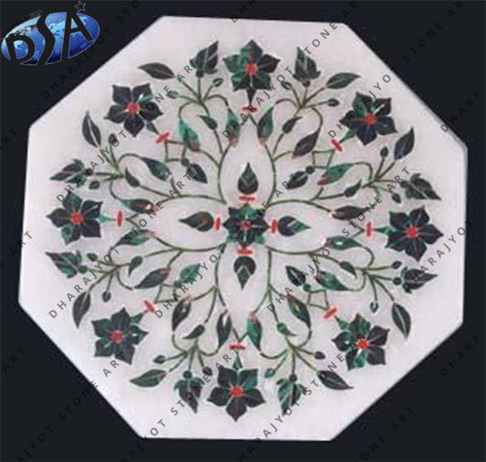 White Octagonal Marble Inlay Coffee Table Top