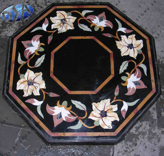 Octagon Marble Table Floral Pattern Inlay Work Coffee Table Top