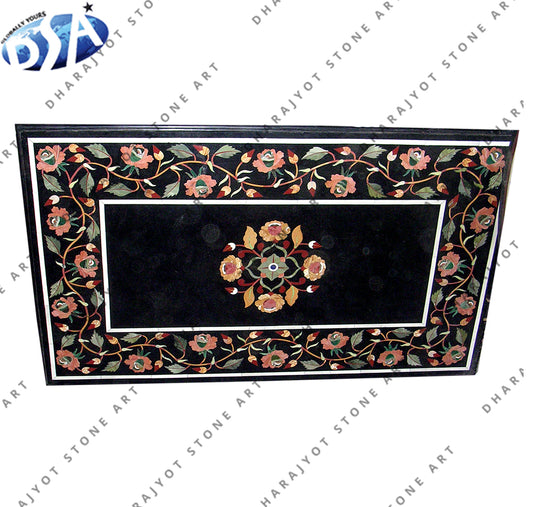 Black Floral Design Marble Handmade Inlay Table Top
