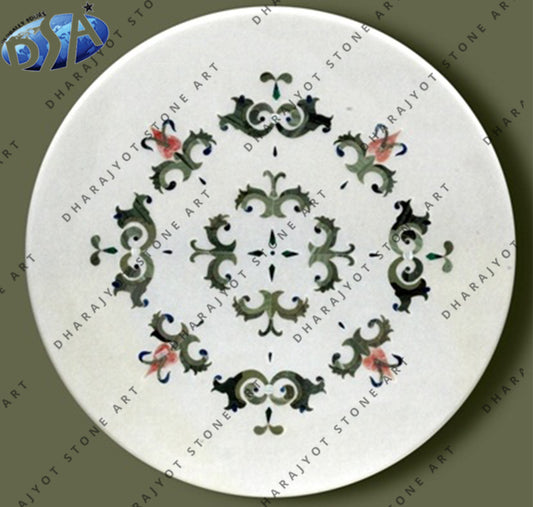 Round Inlay White Marble Medallion Table Top