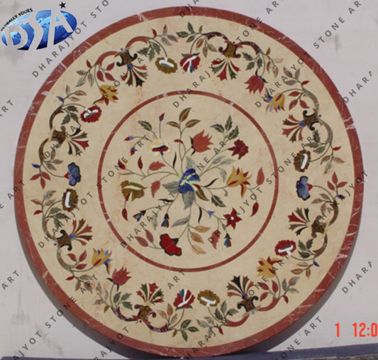 Floral Design Round Shape Inlay Table Top