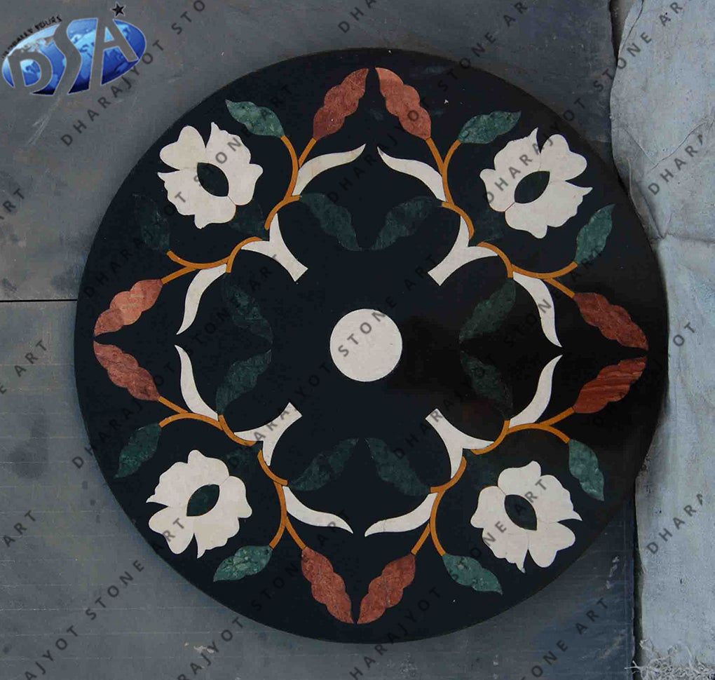 Handmade Inlay Black Marble Round Coffee Table Top
