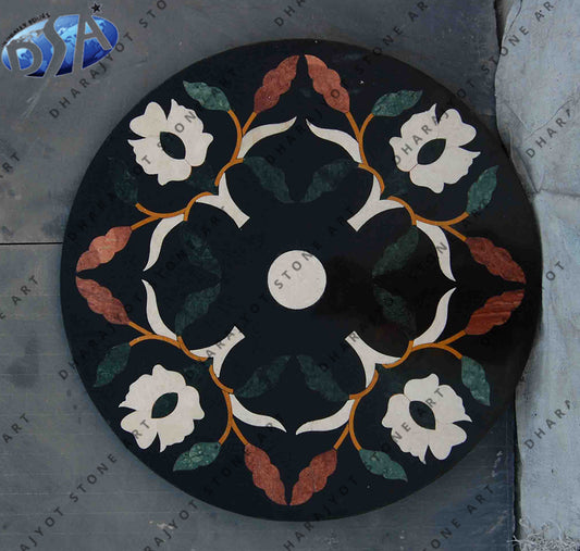 Handmade Inlay Black Marble Round Coffee Table Top