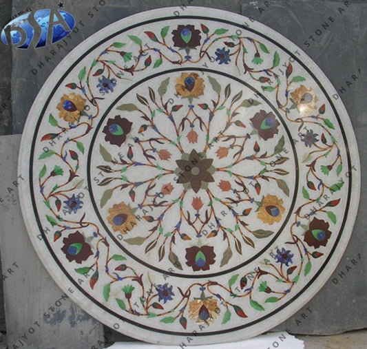 Floral Design Inlay Round Shape Table Tops