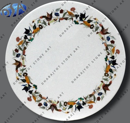 Round White Marble Inlay Coffee Table Top