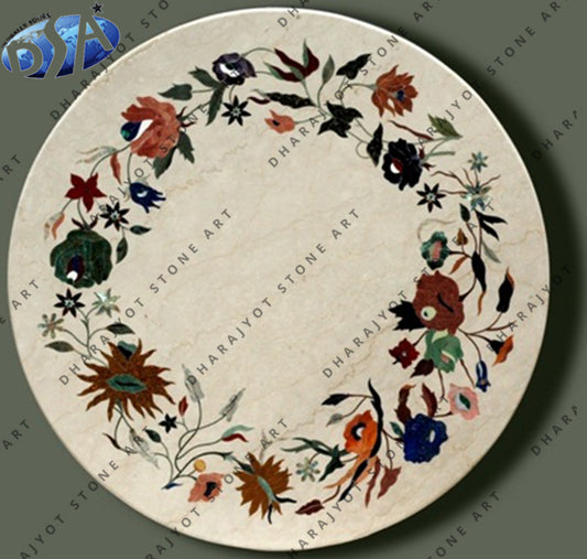 White Marble Round Inlay Table Top