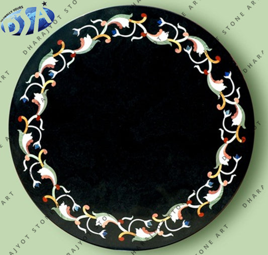 Natural Black Marble Inlay Round Coffee Table Top