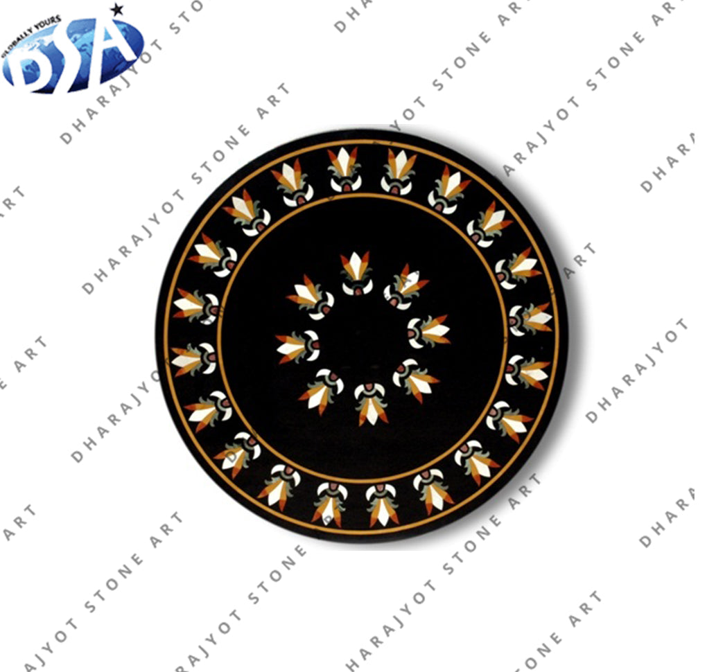 Floral Design Handmade Black Marble Coffee Table Top