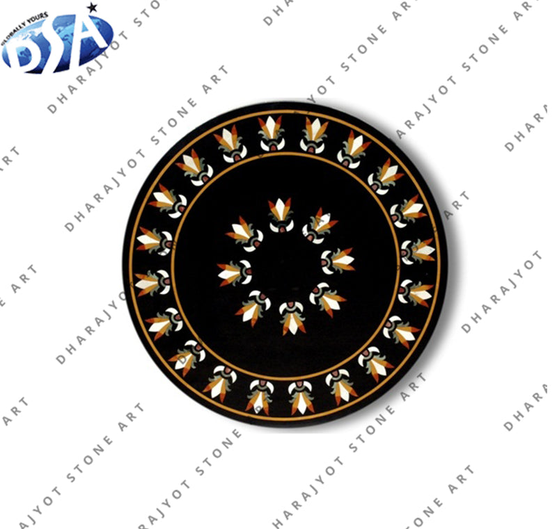 Floral Design Handmade Black Marble Coffee Table Top