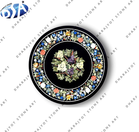 Polished Black Marble Round Inlay Table Top