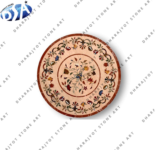 Floral Design Inlay Round Shape Dining Table Top