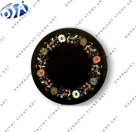 Round Black Marble Inlay Side And End Table Top