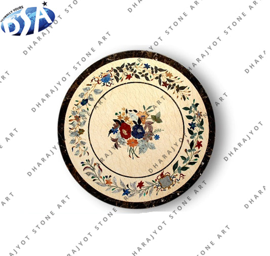 Flower Design White Marble Round Inlay Table Top