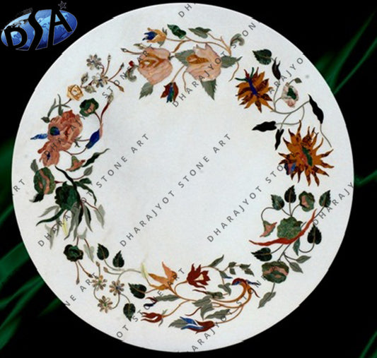 Flower Design Round White Marble Inlay Table Top
