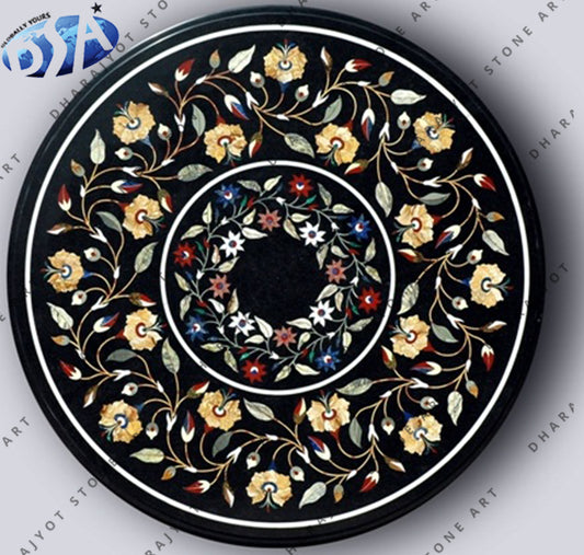 Black Marble Round Handicraft Work Inlay Table Top