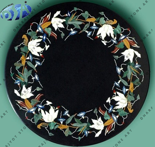 Black Marble Flower Design Inlay Coffee Table Top