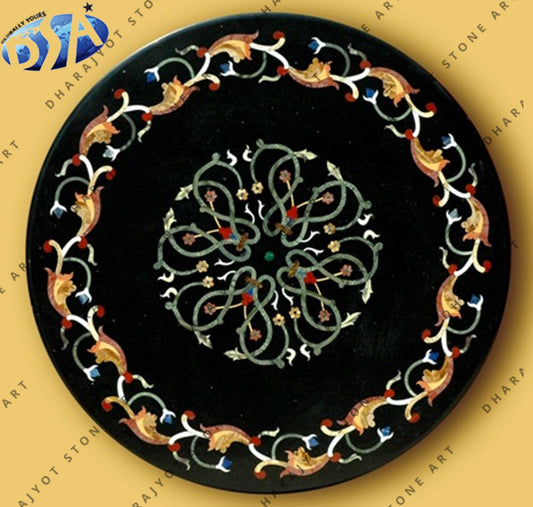 Round Vintage Dining Floral Black Marble Inlay Table Top