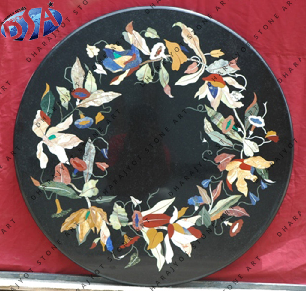 Round Black Marble Coffee Round Inlay Table Top