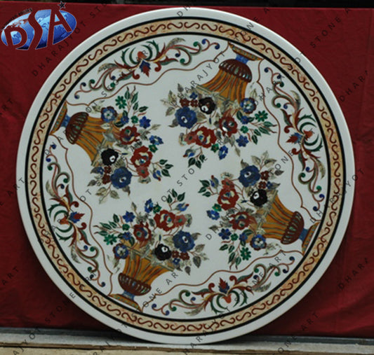 Decorative White Marble Round Inlay Table Top